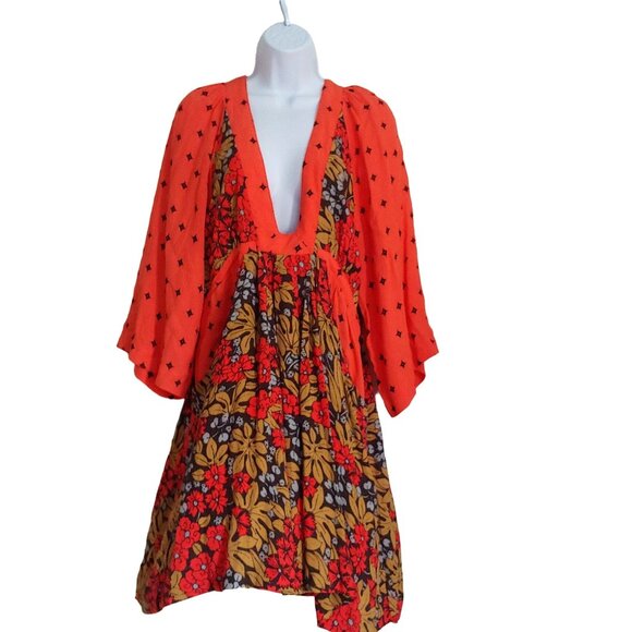 Free People Tallula Poppy Orange Floral Bell Sleeve Deep Pockets Mini Dress M - Picture 2 of 15